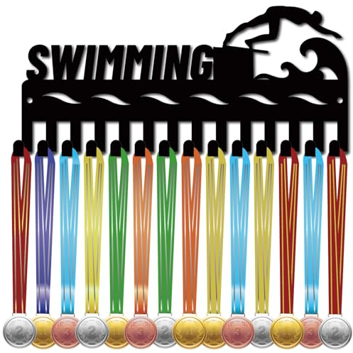 CREATCABIN Medaillenaufhänger Schwimmen Medaillenhalter Display Kleiner Medaillenständer Metall Organizer Plakettenaufhänger Schwarze Medaillen Wandregal Für Auszeichnungsbänder Sportrennen 29x13cm