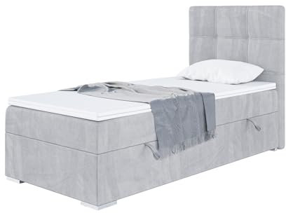 MEBLINI Boxspringbett mit Bettkasten - Gepolstert Einzelbett mit Matratze und Topper - Polsterbett mit Stauraum - Bett mit Kopfteil - Stauraumbett - Kai - 90x200 Rechts - H3/Hellgrau Samt