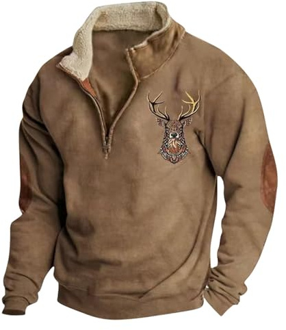 YOSUWOAI Pull pour hommes avec impression de cerf de chasse, manches longues avec boutons sur un quart, col montant, coupe ample, pull d’hiver vintage, pull de travail surdimensionné, O Kaki, XXL