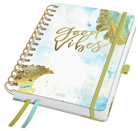 SIGEL J6606 Spiralkalender 2026 A5, hellblau, gold, Hardcover, Gummiband, Stiftschlaufe, Einstecktasche, 2 Zeichenbänder, 240 Seiten, vegan, Buchkalender, Terminplaner Taschenkalender Jolie