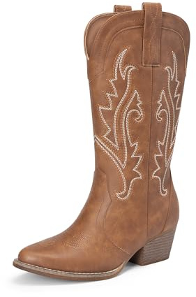 DREAM PAIRS Women's Cowboy Cowgirl Boots Embroidered Pointed Toe Low Heel Western Mid Calf Boot for Theme Party Country Concert,Size 7,Brown,DWUMMB2503