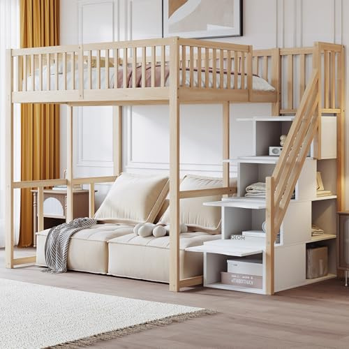 Gelukueub Hochbett 140x200cm mit Sicherheitsaufbewahrungsleiter, Sicherheitsumrandung, Bettgestell aus massiver Kiefer, Geeignet für Kinder, Jugendliche und Erwachsene (Natural Wood)