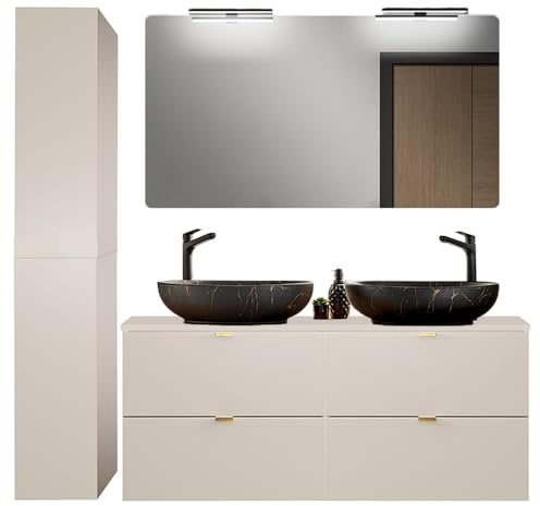 Lomadox Badezimmer Badmöbel Set 3-teilig mit 120 cm Waschtisch in Kaschmir matt, DURANGO-56, inkl. Keramikwaschbecken & LED-Spiegel