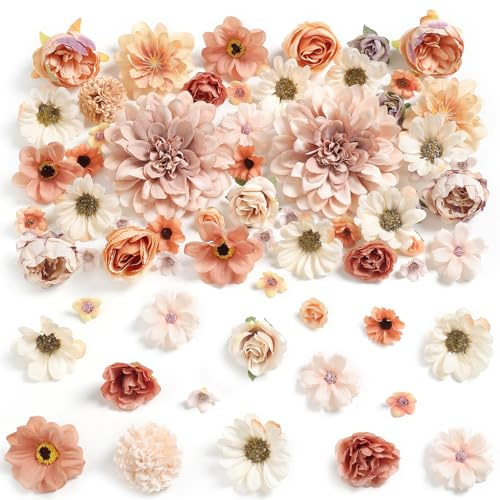 rongflower Fake Flower Heads Mini Artificial Flower Brown Faux Dahlia Rose Flowers for Crafts Cake Blossom Wreath Bouquets for Wedding Bridal Party Baby Shower Graduation Season Home Decor