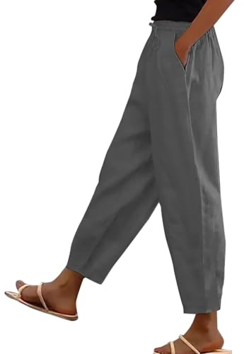 trousers for women uk, Cotton Linen Trousers Womens UK Solid Color Elasticated Waist Trouser Ladies Summer Lounge Pants Plain Loose Fit Capri Pant Casual Straight Leg Bottoms with Pockets Dark Gray
