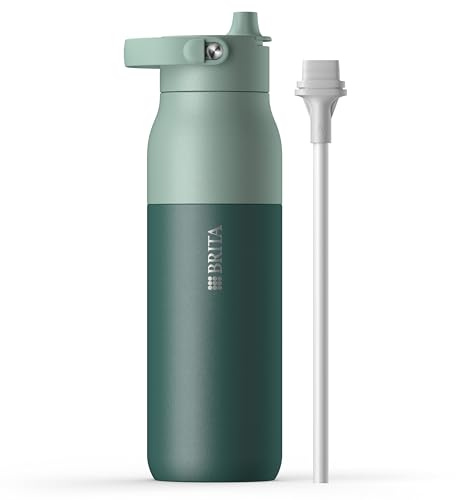 BRITA LARQ Essential Edelstahl Trinkflasche mit Strohhalm (1L) grün | Edelstahl Wasser-Flasche ohne Filter, doppelwandige Isolierung (24h kalt), mit abnehmbarem Henkel, spülmaschinengeeignet