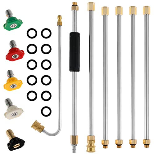 KTCINA 22Pcs Pressure Washer Extension Wand Kit, 4000 PSI Washer Lance Extension with 5 Spray Nozzle Tips & 10 Pcs Rubber Rings, 1/4 Quick Connector, Car Wheel Rim Roof Gutter Cleaning Tool