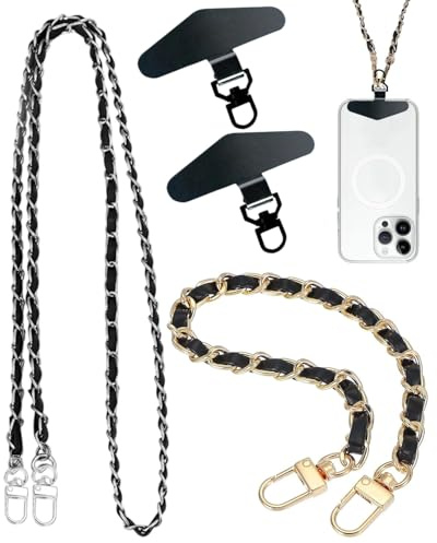 CULEB 2 PCS Cordino per Cellulare con 2 Toppe,Catene per Cellulari Lunghe e Corte per Tracolle e Polsi,Lanyard in Pelle per Cellulari e Borse,Regolabile e Rimovibile(Nero)
