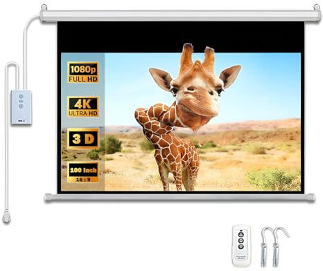60tum Bärbar Motoriserad Vit Projektorduk med Fjärrkontroll HD 4K 3D Filmskärm för Skolor Möte Konferens, Kontor Vägg-/takmontering(72in/16:9)