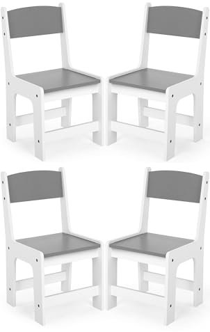 MAMIZO Kinderstuhl Holz 4er Set,ab 1 Jahr, Sitzhöhe 27 cm,Kinderstühle bis 80kg,55x30x28cm für Kinderzimmer,Sitzgruppe Kindertisch,mit Rückenlehne & Fußstütze, in Weiß und Grau