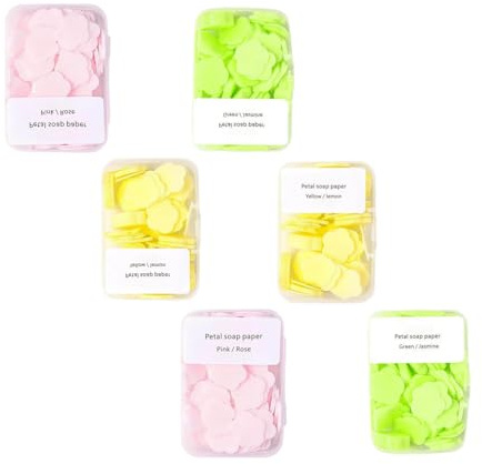 Cauaoa 6 Boxes 600Pcs Portable Hand Washing Soap Sheets, Different Scented Mini Petal Hand Wash Soap Sheets, Disposable Soluble for Outdoor Travel, Camping, Hiking