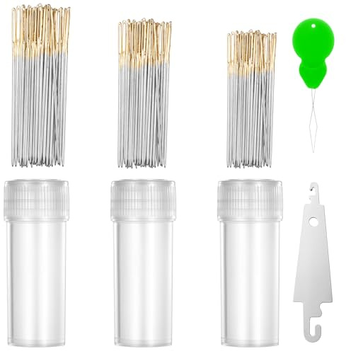 90 Stück Goldene Farbe Großes Auge Handnähnadel Kreuzstichnadeln Größe 3.4/3.8/4 cm Nähen Nadeln Edelstahl Sticknadeln mit 2 Einfädlern Große Augen Nadeln für Handnähen DIY Handwerk