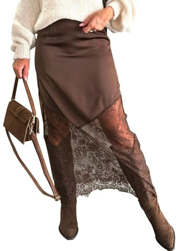 Unybwonn Womens Lace Long Skirts Elastic Asymmetrical Layered Hem Sexy See-Through Flowy Skirts Floral Beach Maxi Skirt Brown