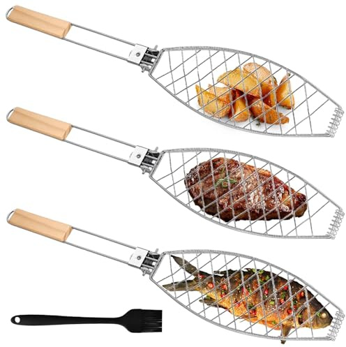 3 x fiskgrillhållare med trähandtag, 63 x 12 cm stora fiskgrillare med metallhandtag, grillfiskställ fiskgrilltång, fiskkorg för BBQ och grill