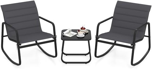 COSTWAY Ensemble Bistrot à Bascule d'Extérieur 3 Pièces, Salon de Jardin avec Table en Verre Trempé Cadre en Métal et Coussins Doux, Ensemble de Mobilier pour Balcon Jardin (Accoudoirs Intégrés)