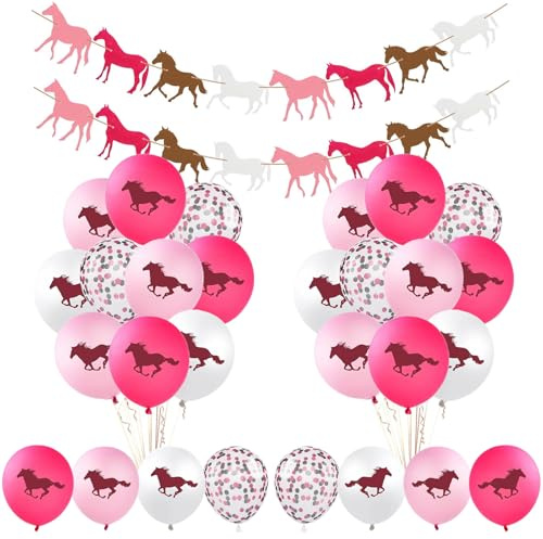 Ovanda Luftballon Pferd, 24 Stück 12 Zoll Latex Ballons, Pferde Geburtstagsbanner, Luftballons Rosa Konfetti für Kinder Party Geburtstag Mottoparty Dekoration,Cowgirl Deko,Deko Pferde Kindergeburtstag