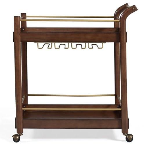 KIBONCY Carro de Bar de Nogal de 2 Niveles con Botellero Incorporado, Carro de Servicio con Ruedas de latón y Madera Vintage for Bar en casa, Sala de Estar y Cocina(Brown)