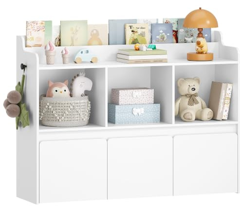 Hzuaneri Kinderregal mit Bücherfach & Rollschubladen 30 x 108 x 80 cm, Weiß | 3 offene Fächer, 3 rollbare Schubladen, Aufbewahrungsschrank, für Kinderzimmer Wohnzimmer, Holzregal KB26003X