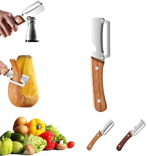 Zero Snag - Pelador de madera, pelador multifuncional 2 en 1 con abrebotellas, pelador de frutas y verduras de acero inoxidable para cocina, para frutas, manzana, patata, calabaza, papaya, zanahoria