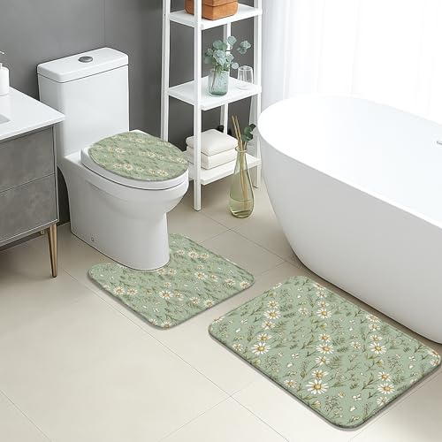 Tapete de baño floral de secado rápido, patrón de crisantemo verde vintage, absorbente, antideslizante, tapete decorativo de franela lavable para baño, inodoro, baño, juego de 3 piezas