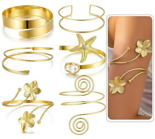 Glamoreal lot de 6 bracelets dorés pour femmes, bracelets Boho statement pour le bras, ensemble de bracelets ouverts, réglables, bijoux empilables