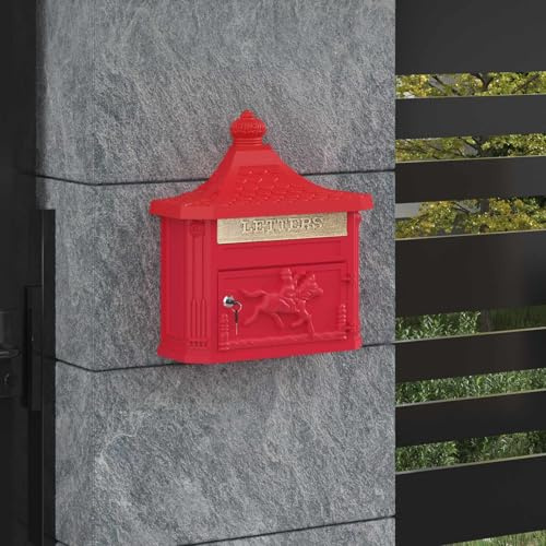 LoogCape Buzón de pared rojo 40,5 x 16 x 45 cm aluminio fundido resistente a la intemperie con cerradura para casa, jardín, valla, fachada, entrada, puerta principal, buzón resistente a la intemperie