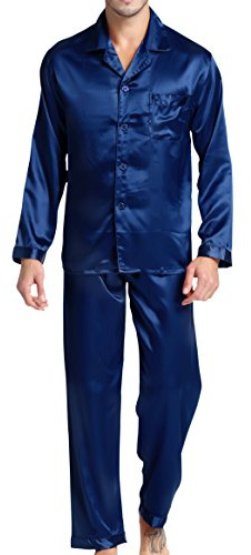 Conjunto de pijama de satén para hombre, ropa de dormir, ropa de dormir de seda, ropa de estar por casa, azul marino, L