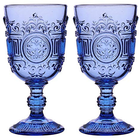 Wine Glasses Set of 2 Blue Embossed 300ml Drinking Goblets Alfresco Dining Glassware