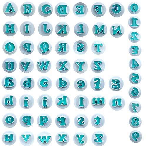 62pcs Moldes Letras Fondant Cortador Fondant Letras, 52 Letras Mayúsculas & minúsculas + 10 Numeros Abecedario Fondant Moldes Letras y Numeros Pequeños para Decoración de Tartas Fondant Galletas