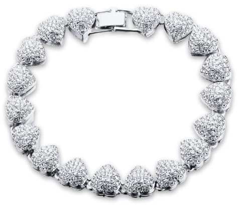 HALUKAKAH Chaîne de Diamants Groupés 414 pour Hommes et Femmes - Plaqué Platine - Exquise Forme de Cœur en 3D - Diamants de Laboratoire Sertis à la Main - Bracelet 20cm - Complète avec Boîte-cadeau