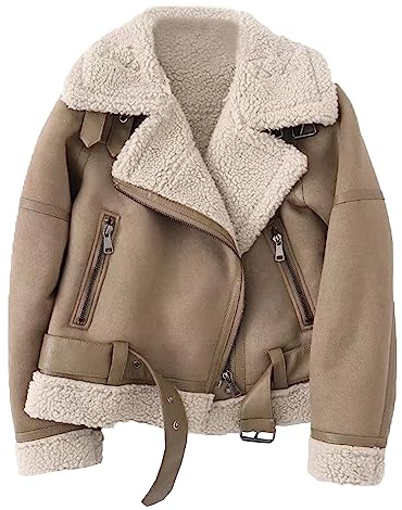 LY VAREY LIN Women's Faux Shearing Moto Jacket Thick Lined Parka Winter Shearling Coat Leather Jacket (Faux Suede Lambs Brown, L)