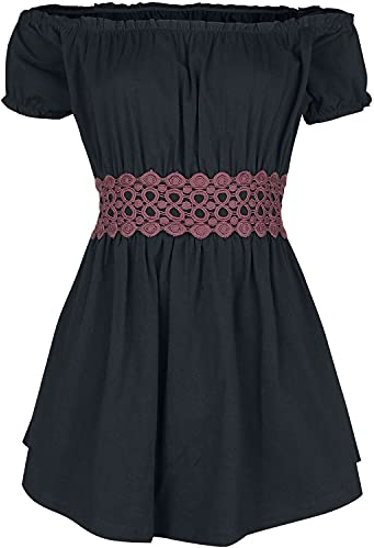 Gothicana by EMP Damen schwarzes Schulterfreies langes T-Shirt mit rotem Gürtel-Detail XS