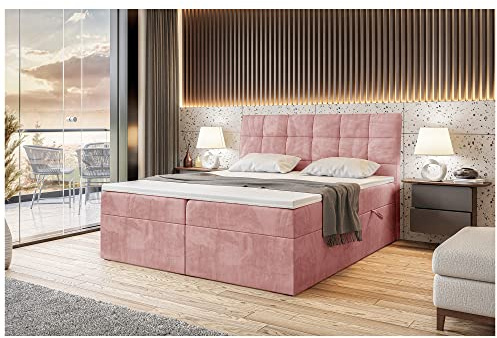 MEBLINI Boxspringbett mit Bettkasten - Gepolstert Doppelbett mit Matratze und Topper - Polsterbett mit Stauraum - Bett mit Kopfteil - Stauraumbett - Drago - 160x200 - H3/Rosa Samt