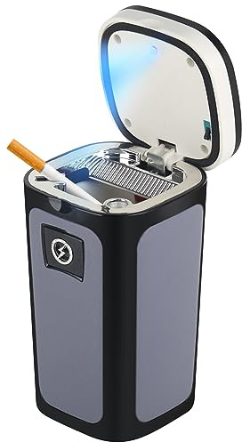 SOLARXIA Cendrier de voiture - Allume-cigare électronique - Fonctionne à l'énergie solaire - Rechargeable par USB - Avec couvercle - Lumière LED bleue - Compatible avec la plupart des porte-gobelets