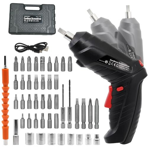 MQFORU Cordless Screwdriver, 48 in 1 Portable Cordless Drills, 3.6V Rechargeable Electric Screwdriver Kit, Dual Position Handle with USB Cable LED Light for Home Office DIY Tools