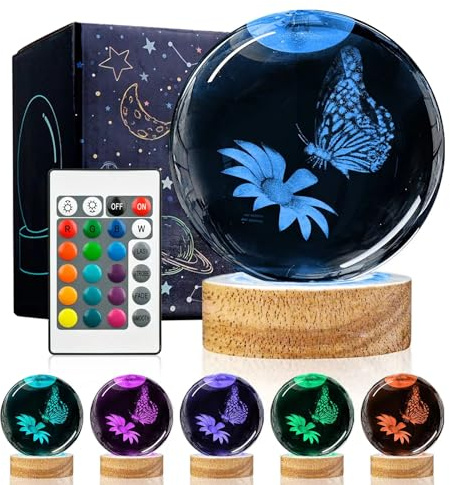 Huntalg 3D Butterfly Crystal Ball Night Light with 16 Colors and 4 Modes, Upgraded K9 Crystal, 3.15 Inch Butterfly and Flower Figurines, Remote Control, Gift Box