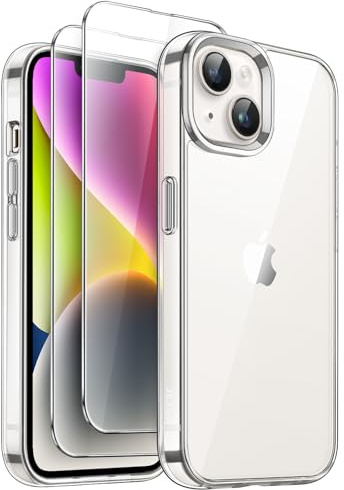 JETech 3 in 1 Hülle für iPhone 14 6,1 Zoll mit 2 Stück Gehärtetes Glas Schutzfolie, Anti-Vergilbung Stoßfest Stoßfänger Handyhülle (Durchsichtig)