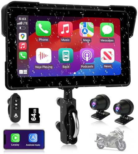 Jansite Motorrad Carplay Android Auto Mit 2K Dashcam Vorne Hinten, 7 Zoll Navigationsgerät, IP67 Wasserdichter Doppel-Bluetooth Bildschirm, Daueraufnahme 64G TF