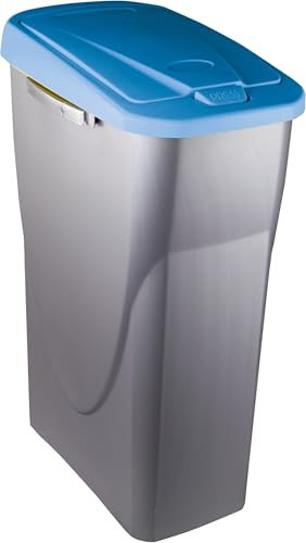M-Home by Mazzei Mondex - Cubo de basura de clasificación selectiva de 25 L de plástico, apertura fácil empuje, recipiente gris plateado con tapa de color azul, ideal para cocina, despensa, fabricado