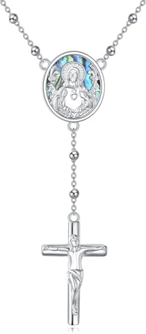 YAFEINI Rosen Kranz Kette Sterling Silber Italienische feste Perle Kette Kreuz & Rosen kranz Jungfrau Maria Anhänger Y Halskette Catolicos Schmuck Geschenke für Damen
