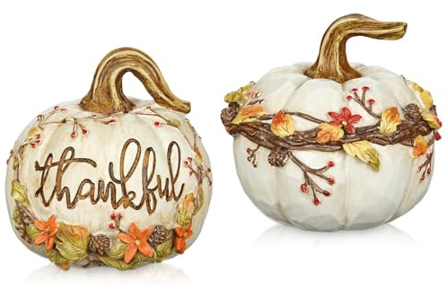 Arborus 2 STK Künstliche Kürbisse Weiß Kunststoff Kürbis Groß Dekokürbis Tisch Deko Fake Gemüse Zierkürbisse Herbstdeko Halloween Thanksgiving Weihnachten Deko Wohnzimmer Schlafzimmer Küche Esszimmer