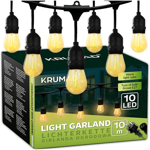 KRUMAD LED Lichterkette Außen 10m, E27 Glühbirnen Warmweiß 2700K, IP44 Wetterfest, Partybeleuchtung für Garten, Balkon, Terrasse, Outdoor Lichterkette für Aussen, Glühbirnen Garten Beleuchtung