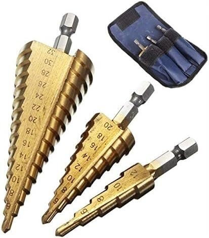 Broca escalonada, broca escalonada de carburo, juego de 3 brocas escalonadas HSS, cortador de orificios cónicos, brocas de núcleo hexagonal de metal recubiertas de titanio de 1/4 (3 piezas 4 12 4 20