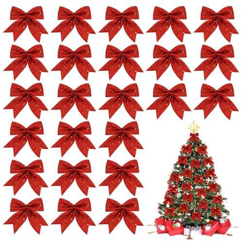 MOTONG 24 Stück Weihnachtsbaum Deko Schleifen Weihnachten Glitzer Weihnachtsbaum Schleifen Weihnachtsbaumschmuck für Familienfeiern Hochzeit Feierlichkeiten Party Dekoration Weihnachten Urlaub (Rot)