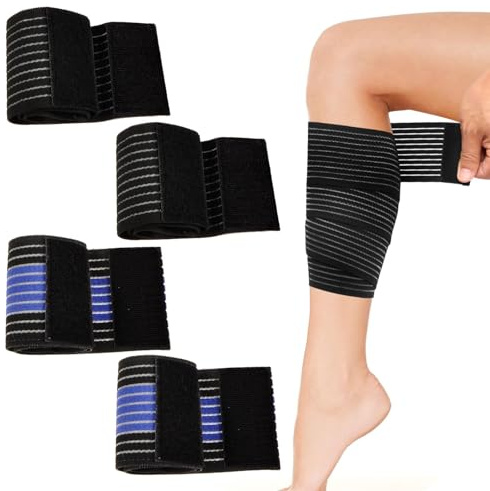 4PCS Support Brace Knee Bandage Calf Support 90cm Adjustable Sports Knee Wraps Elastic Calf Compression Bandage Sleeve Kn ee Brace Elastic Kne e Sup port for Knee Elbow Wrist Ankle(Blue-black) (Black)