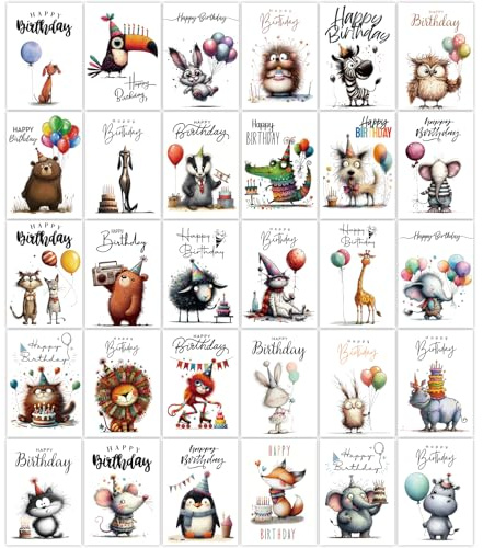 YianHien Birthday Cards, 30 Unique Animals Birthday Cards Multipack with Envelopes & Sealing Stickers, Happy Birthday Card Pack for Women Men Kids