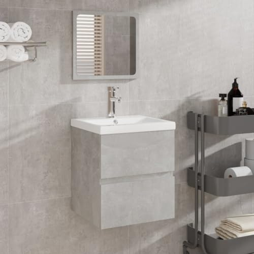 BARULUOAKLIFE Mobiletto Bagno con Lavabo Integrato e Specchio, Grigio Cemento, Multistrato Legno, Ampio Cassetto, Design Parete Montabile, Ceramica Lavandino, Troppopieno,