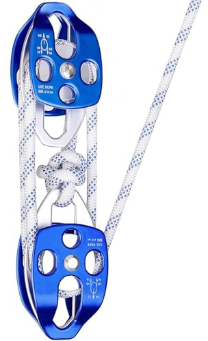 Double Block Tackle Pulley System,1/2 * 100ft Rope, 7700 LB Breaking Strength Heavy Duty Pulley, 4:1 Lifting Power Pulley System for for Lifting Heavy Objects