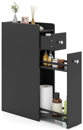 GIANTEX Nischenschrank 18 cm breit, schmales Nischenregal mit Schublade & Rollen, 40 x 18 x 70 cm Badezimmerschrank platzsparend, Beistellschrank für Badezimmer (Schwarz)