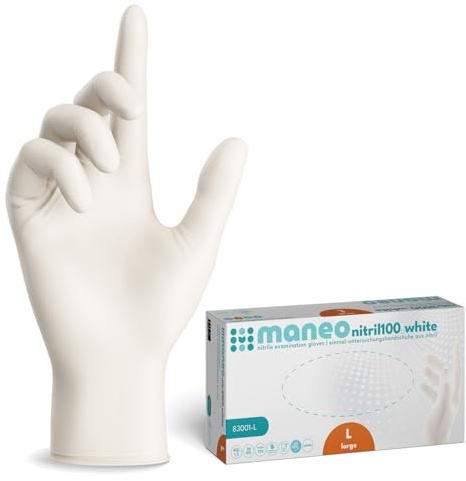 maneo 1000x Einweghandschuhe Weiß, Nitril Handschuhe puderfrei L | Einmalhandschuhe, Handschuhe Einweg, latexfreie Gummihandschuhe, Nitrilhandschuhe, Putz-, Koch- & Haushalts-Handschuhe